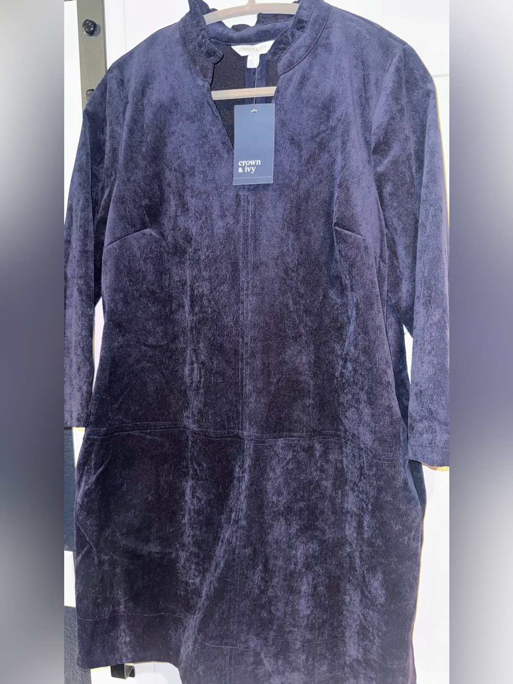 NWT Crown & Ivy Navy Blue Ruffle V-Neck Velvet Corduroy Dress Size L Pockets